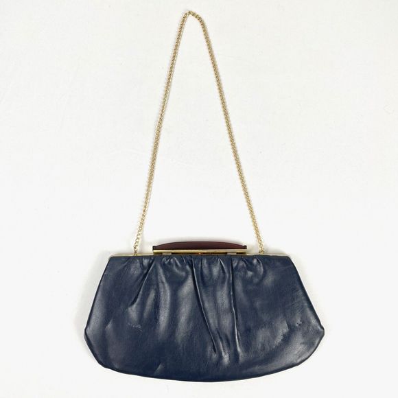 Vintage Navy Blue Faux Leather Purse Shoulder Bag Gold Hardware‎ Acrylic Clasp - Picture 1 of 6